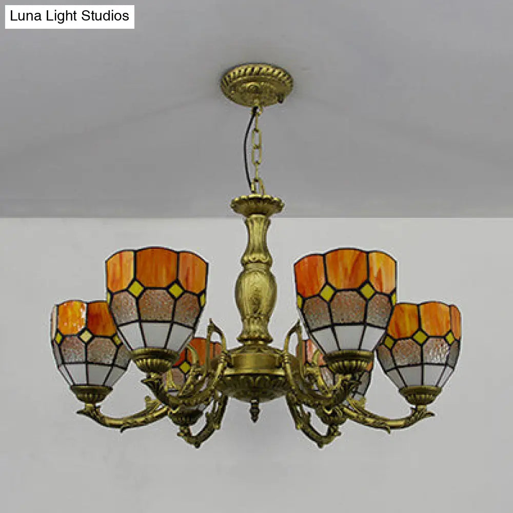 Lámpara de araña vintage de vitral con forma de cúpula y 6 luces de colores