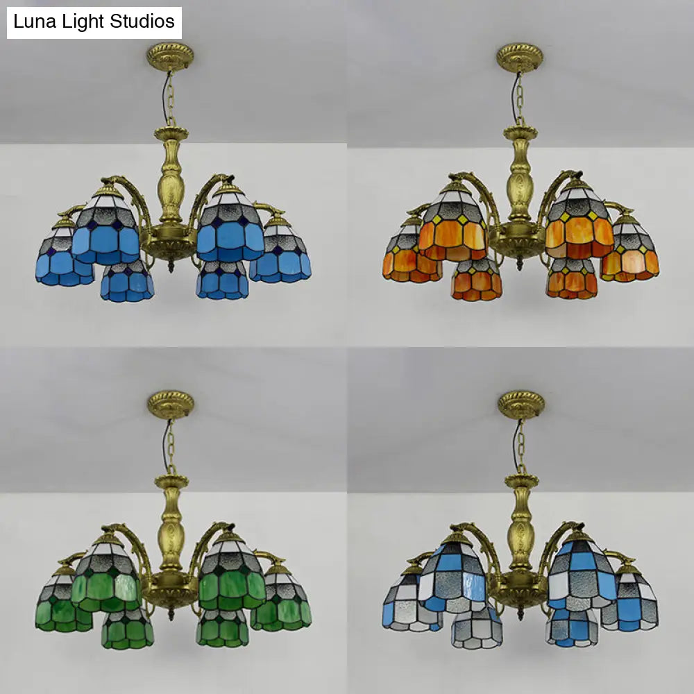 Lámpara de araña vintage de vitral con forma de cúpula y 6 luces de colores