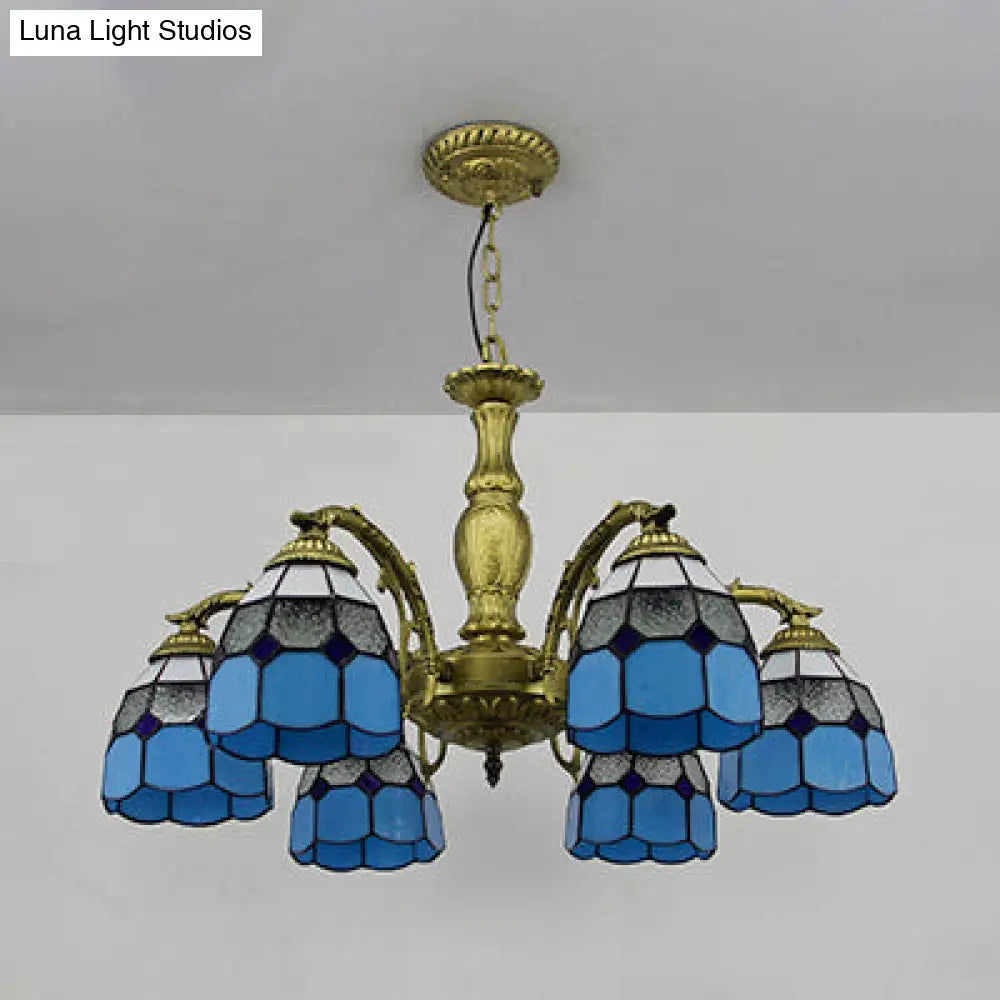 Lámpara de araña vintage de vitral con forma de cúpula y 6 luces de colores