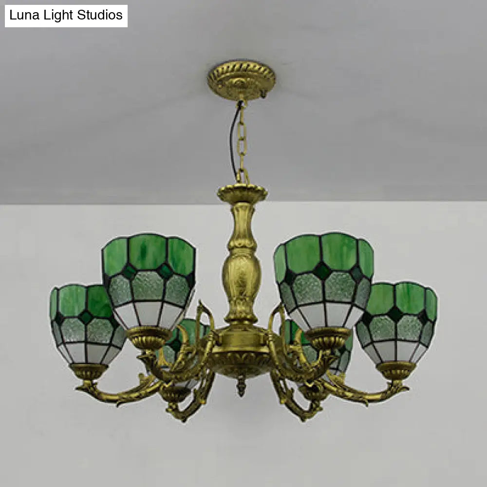 Lámpara de araña vintage de vitral con forma de cúpula y 6 luces de colores