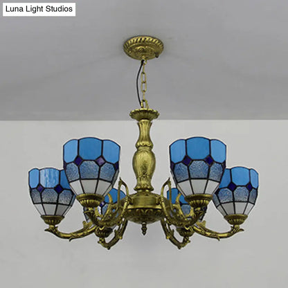 Lámpara de araña vintage de vitral con forma de cúpula y 6 luces de colores