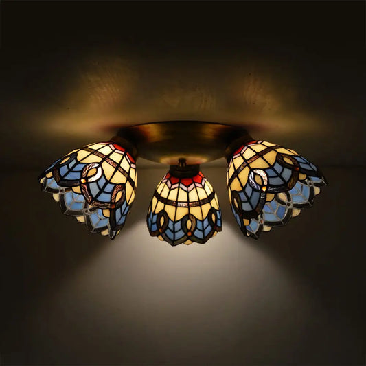 DecorBites™ DecorBites™ Vintage Stained Glass Dome Shade Ceiling Fixture - Victorian/Mediterranean/Baroque Pattern - Flush Mount - 3 Lights