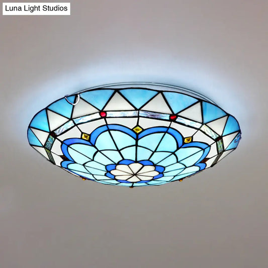 DecorBites™ DecorBites™ Vintage Stained Glass Flush Mount Ceiling Light in Blue - 12"/16" Bowl Shape