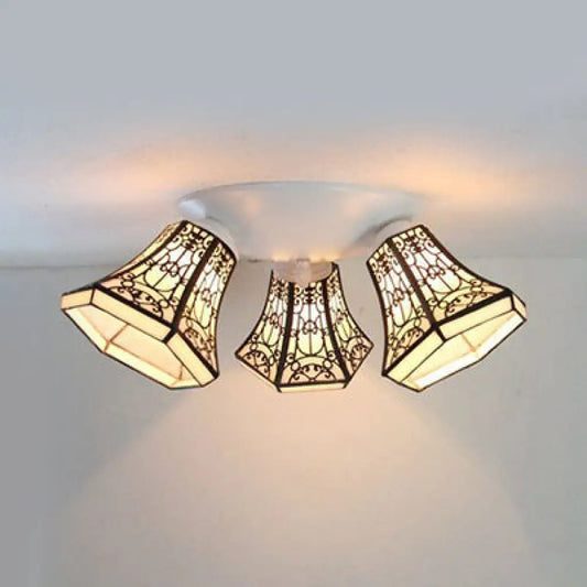 DecorBites™ DecorBites™ Vintage Stained Glass Geometric Ceiling Light with Wire Mesh, Stripes & Geometric Pattern - 3-Light Flushmount in White