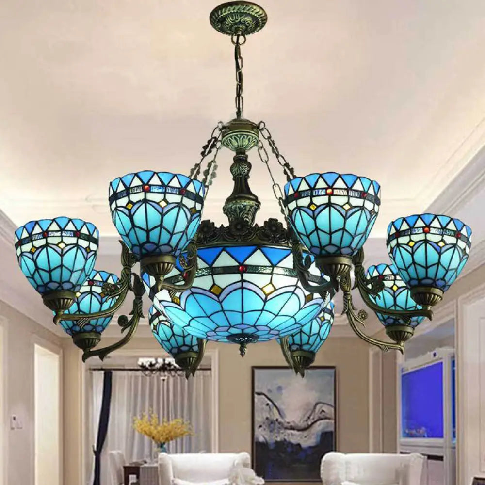 Vintage Stained Glass Hanging Lamp: Blue Domed Inverted Chandelier with 9 Lights for Living Room