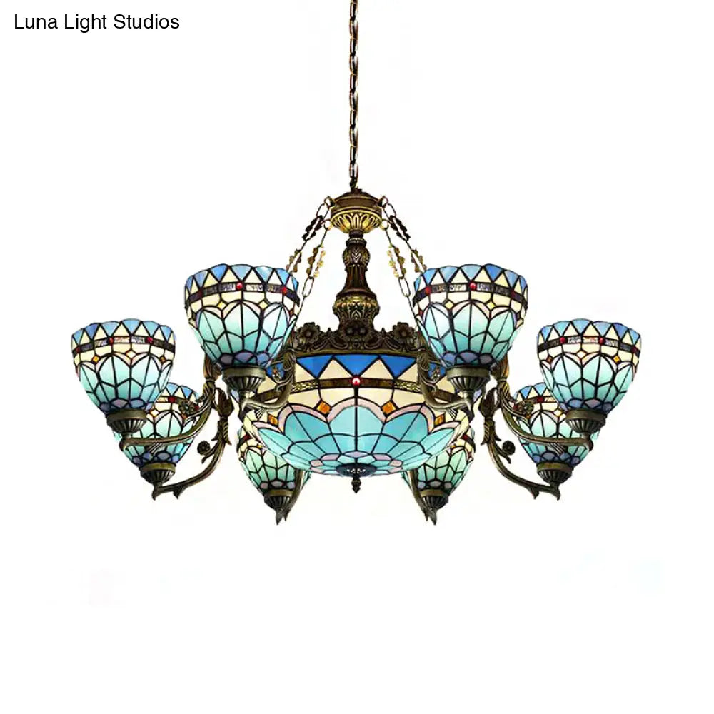 Vintage Stained Glass Hanging Lamp: Blue Domed Inverted Chandelier with 9 Lights for Living Room