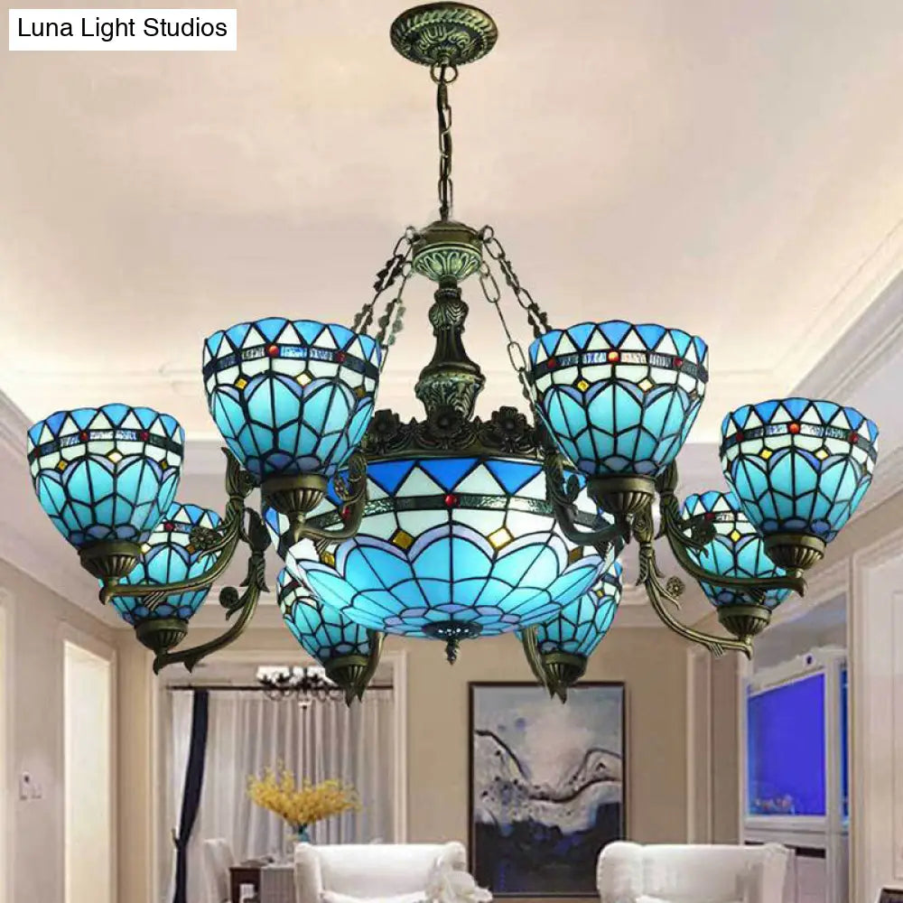 Vintage Stained Glass Hanging Lamp: Blue Domed Inverted Chandelier with 9 Lights for Living Room