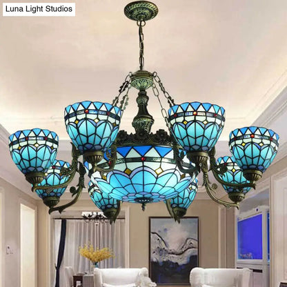 Vintage Stained Glass Hanging Lamp: Blue Domed Inverted Chandelier with 9 Lights for Living Room
