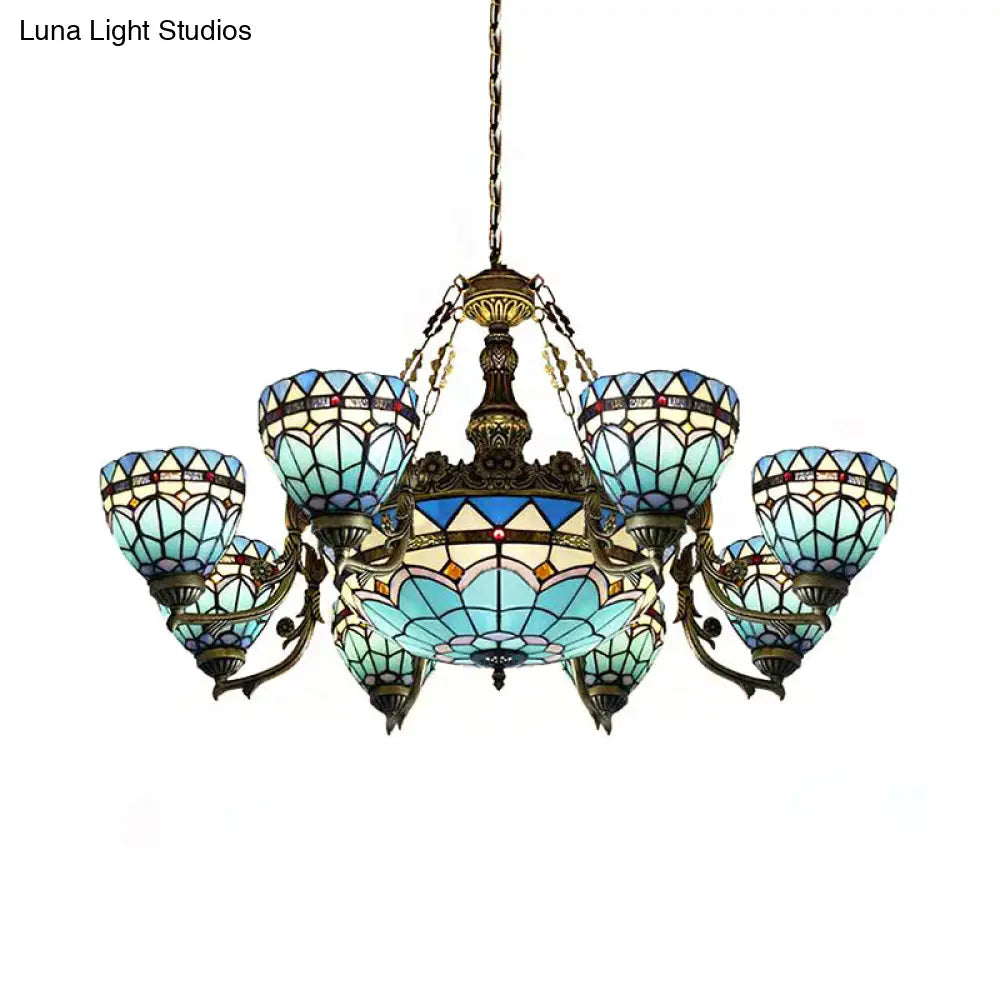 Vintage Stained Glass Hanging Lamp: Blue Domed Inverted Chandelier with 9 Lights for Living Room