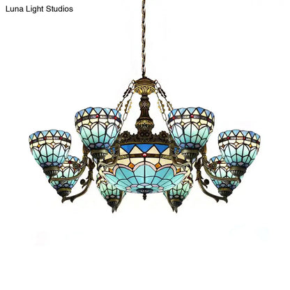 Vintage Stained Glass Hanging Lamp: Blue Domed Inverted Chandelier with 9 Lights for Living Room