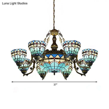 Vintage Stained Glass Hanging Lamp: Blue Domed Inverted Chandelier with 9 Lights for Living Room