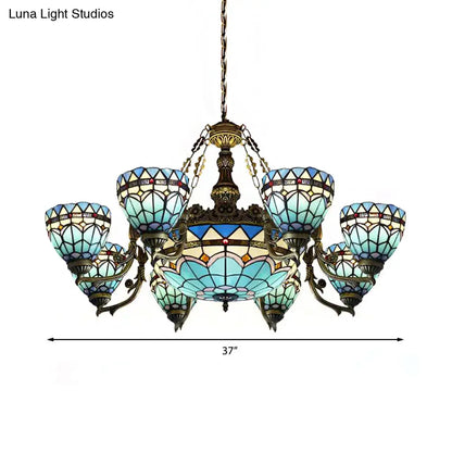 Vintage Stained Glass Hanging Lamp: Blue Domed Inverted Chandelier with 9 Lights for Living Room