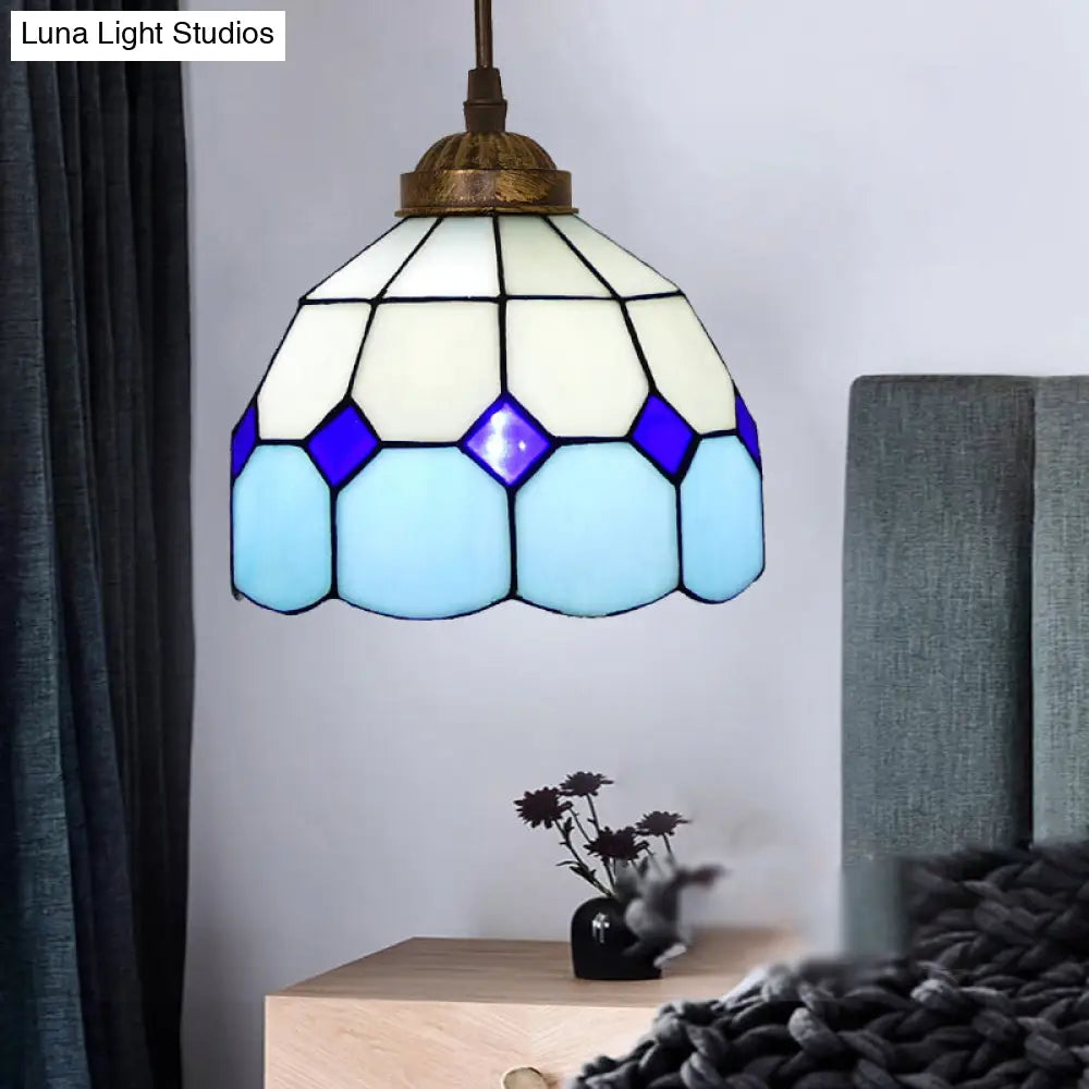 Vintage Stained Glass Pendant Light with Scalloped Dome Design