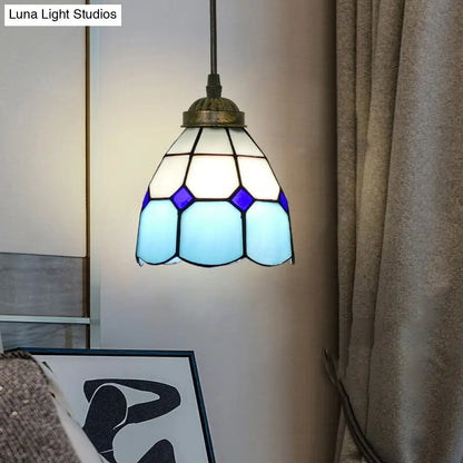 Vintage Stained Glass Pendant Light with Scalloped Dome Design