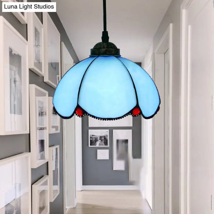 Vintage Stained Glass Pendant Light with Scalloped Dome Design