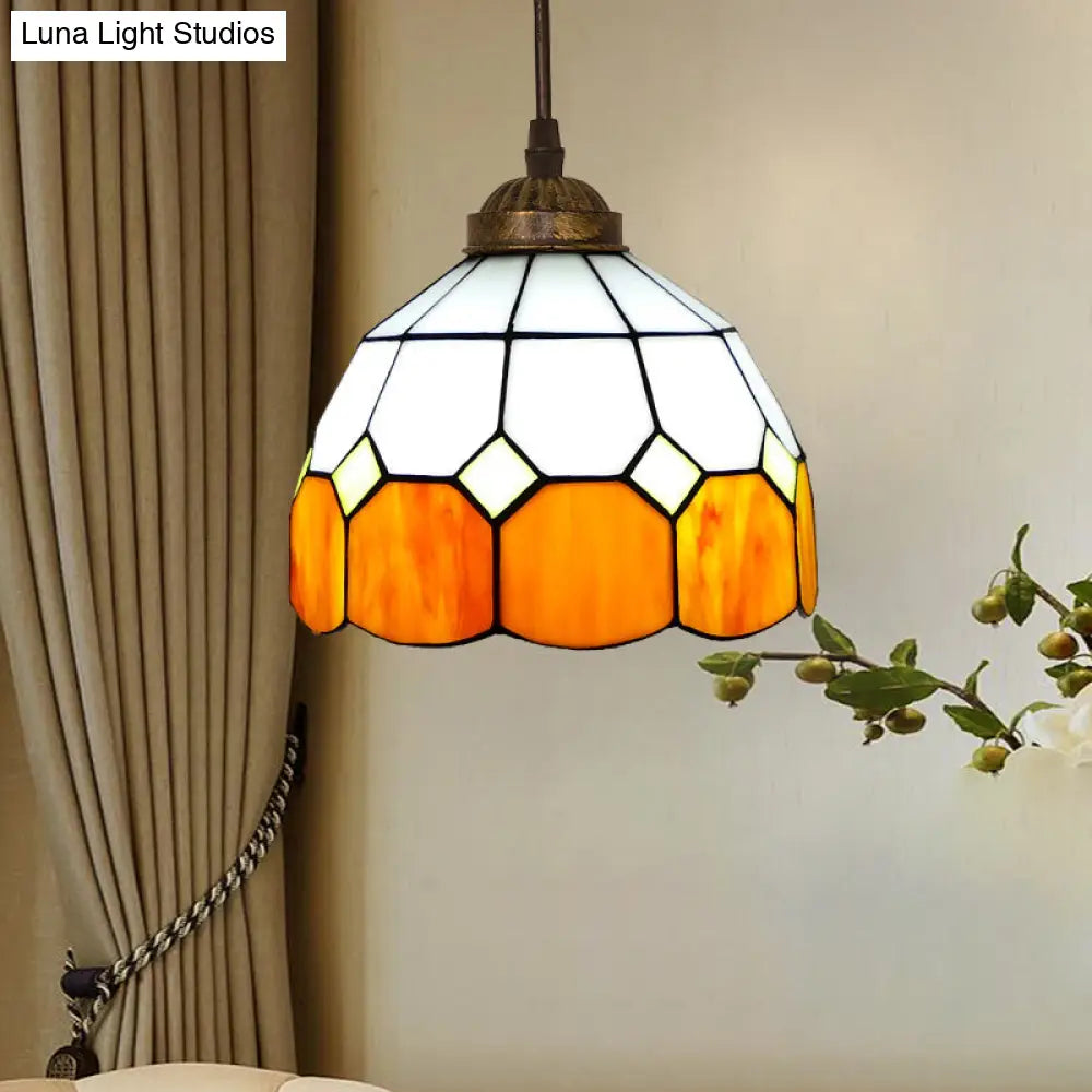 Vintage Stained Glass Pendant Light with Scalloped Dome Design