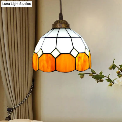 Vintage Stained Glass Pendant Light with Scalloped Dome Design