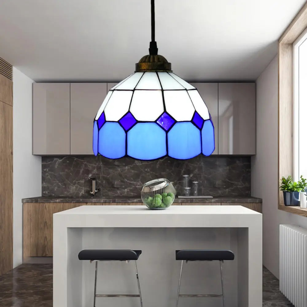 Vintage Stained Glass Pendant Light with Scalloped Dome Design