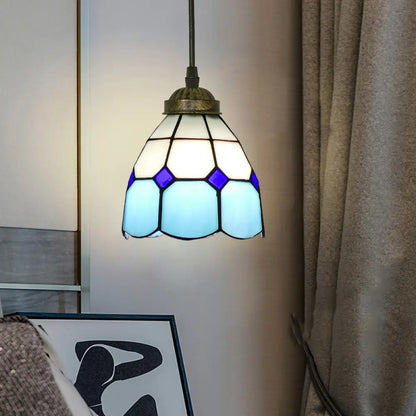 Vintage Stained Glass Pendant Light with Scalloped Dome Design