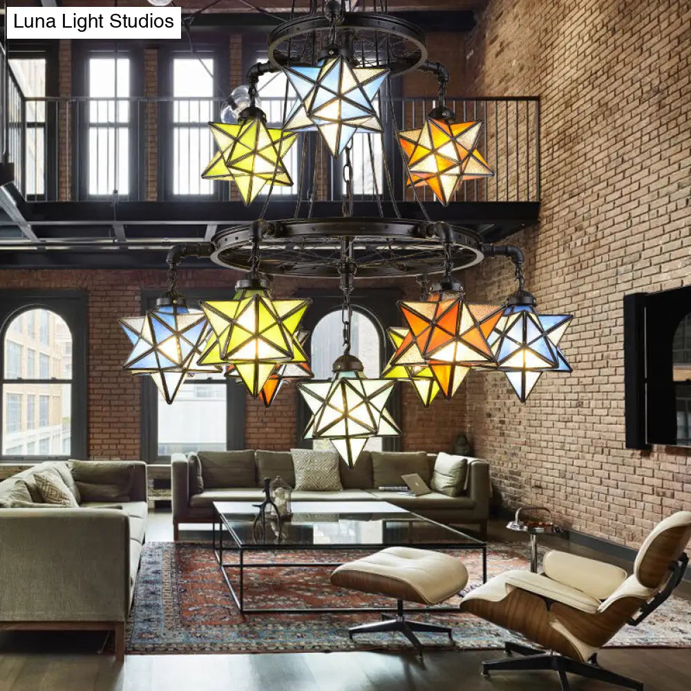 Vintage Stained Glass Star Chandelier with 2 Tiers and Black Finish