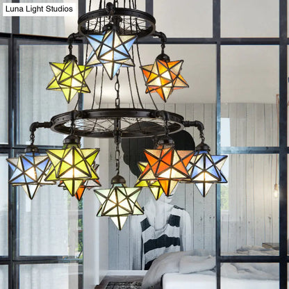 Vintage Stained Glass Star Chandelier with 2 Tiers and Black Finish
