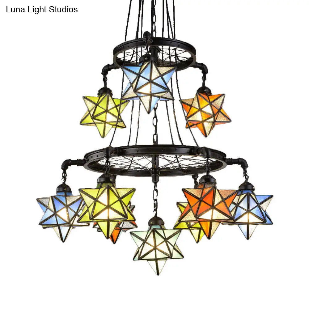 Vintage Stained Glass Star Chandelier with 2 Tiers and Black Finish