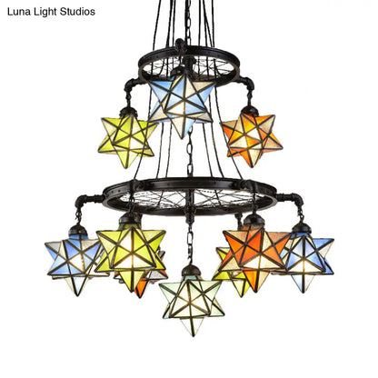Vintage Stained Glass Star Chandelier with 2 Tiers and Black Finish