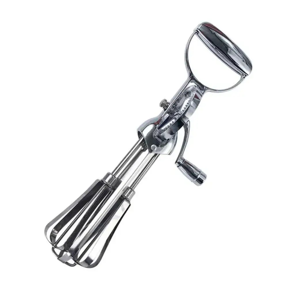 Vintage stainless steel chrome-finished manual egg beater with curved handle and three whisking wires for balloon whisking