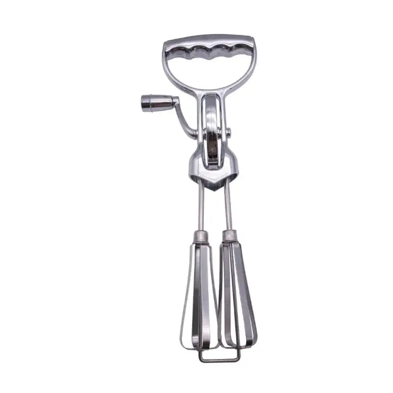 Vintage stainless steel egg beater with silver handle and dual beater balloon whisk attachments for manual kitchen use