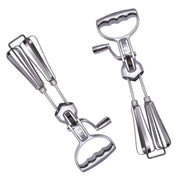 Vintage stainless steel dual hand crank egg beater with ergonomic wave handles and beater balloon whisk attachments