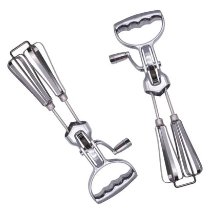 Vintage stainless steel dual hand crank egg beater with ergonomic wave handles and beater balloon whisk attachments