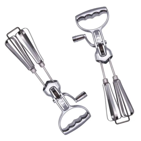 Vintage stainless steel dual hand crank egg beater with ergonomic wave handles and beater balloon whisk attachments