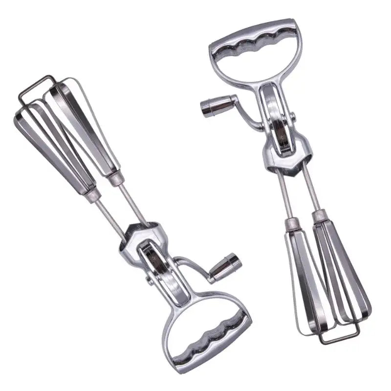 Vintage stainless steel dual hand crank egg beater with ergonomic wave handles and beater balloon whisk attachments