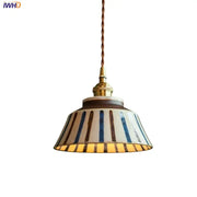 Vintage striped ceramic coloured glaze pendant light with blue brown and cream stripes, twisted copper cord for dining room decorbites