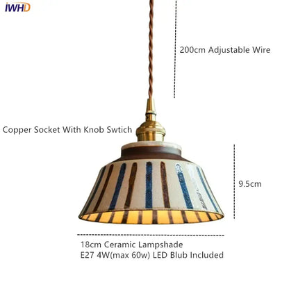 Vintage striped ceramic coloured glaze pendant light with vertical blue and brown stripes for dining room decorbites