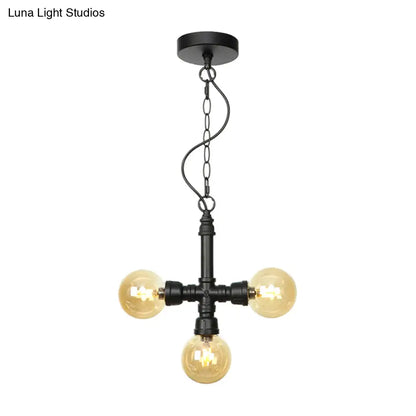 Vintage Style 3-Bulb Amber/Clear Glass Chandelier with LED Lighting for Dining Room Ceiling