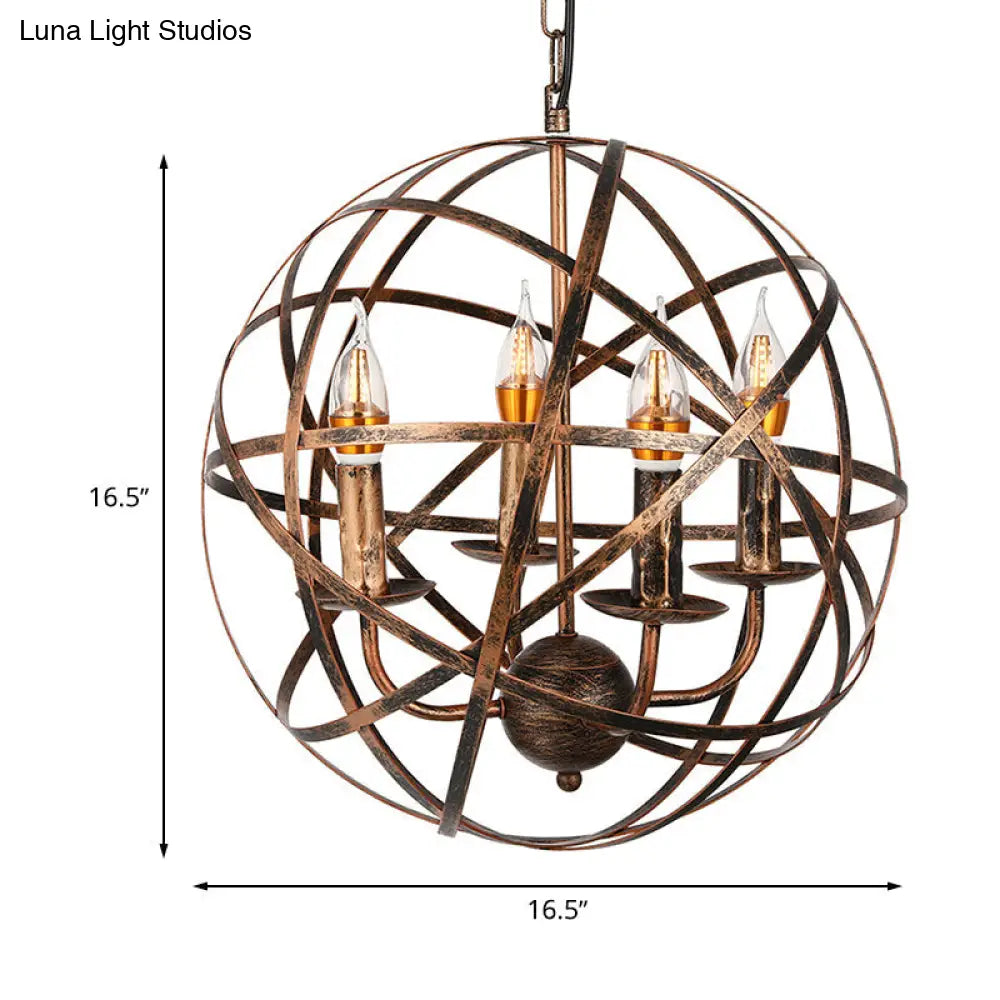 Vintage Style 4-Head Ceiling Chandelier with Iron Globe Cage Shade in Antique Brass for Dining Room