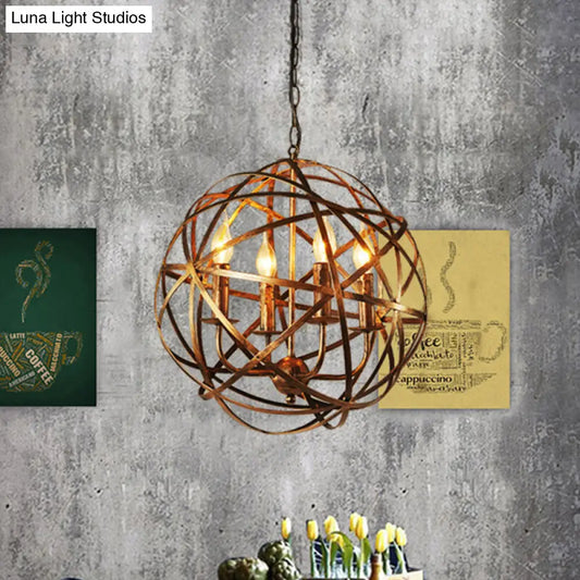 Vintage Style 4-Head Ceiling Chandelier with Iron Globe Cage Shade in Antique Brass for Dining Room