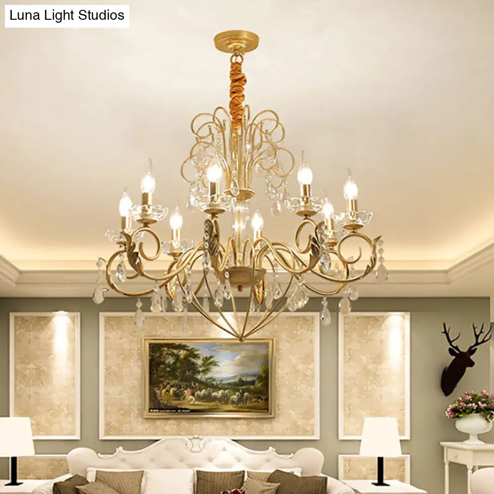 Lámpara colgante estilo vintage de 5/8 luces tipo vela – Lámpara colgante de araña de metal y cristal (dorada, altura ajustable)