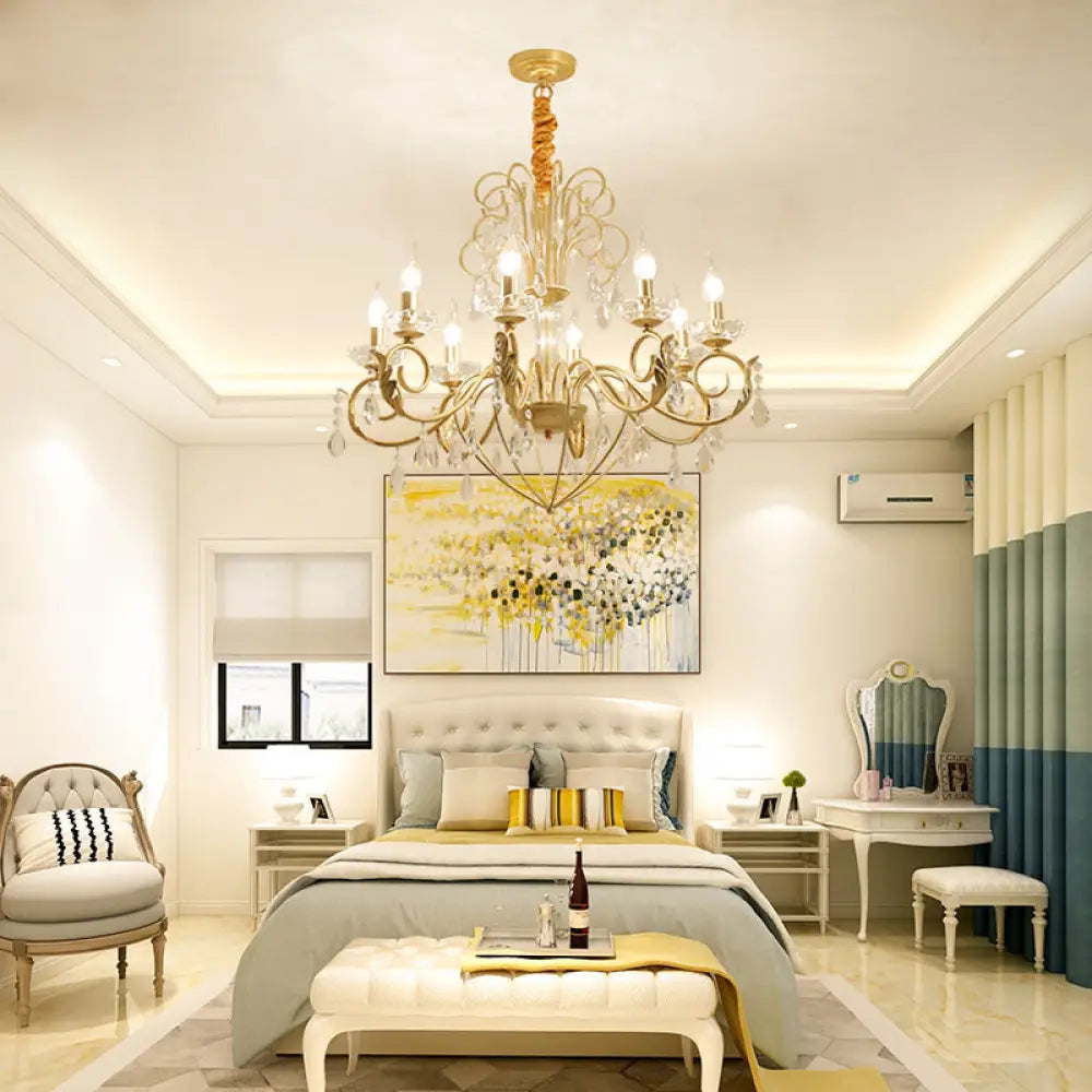 Lámpara colgante estilo vintage de 5/8 luces tipo vela – Lámpara colgante de araña de metal y cristal (dorada, altura ajustable)