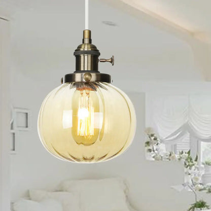 Vintage Style Amber/Clear Ridged Glass Pendant Light Fixture - 1 Light - Adjustable - Living Room Ceiling Light - Black/Bronze/Brass