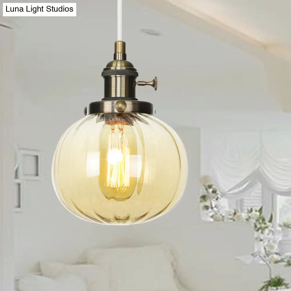 Vintage Style Amber/Clear Ridged Glass Pendant Light Fixture - 1 Light - Adjustable - Living Room Ceiling Light - Black/Bronze/Brass