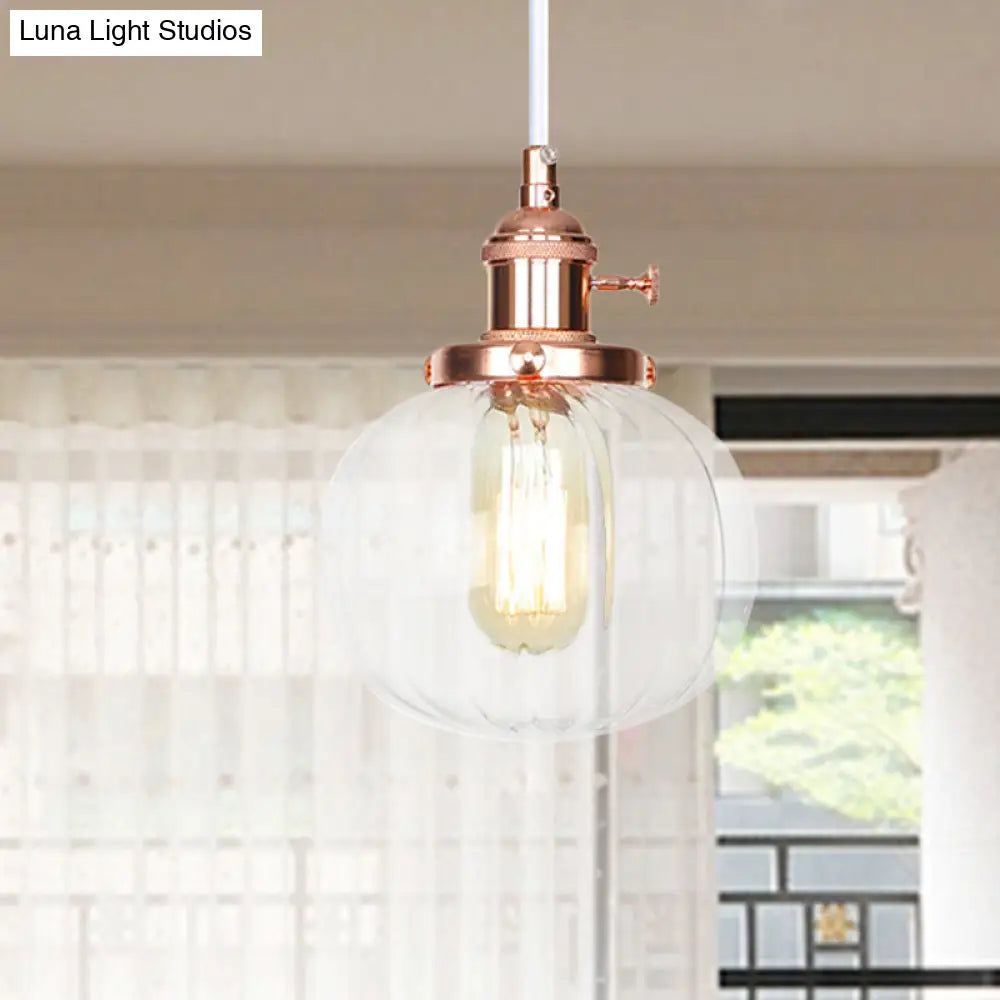 Vintage Style Amber/Clear Ridged Glass Pendant Light Fixture - 1 Light - Adjustable - Living Room Ceiling Light - Black/Bronze/Brass