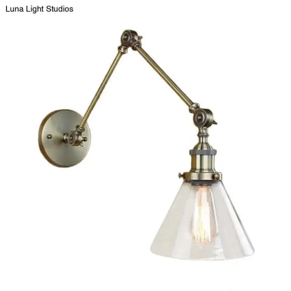 Antique brass vintage style adjustable wall sconce with clear glass conical shade for living room lighting