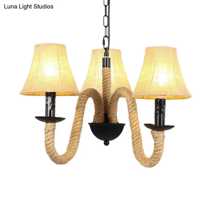 Vintage Style Beige Fabric Shade Chandelier Light Fixture with Rope Detail - Bell/Cone Hanging Lamp (3 Lights)
