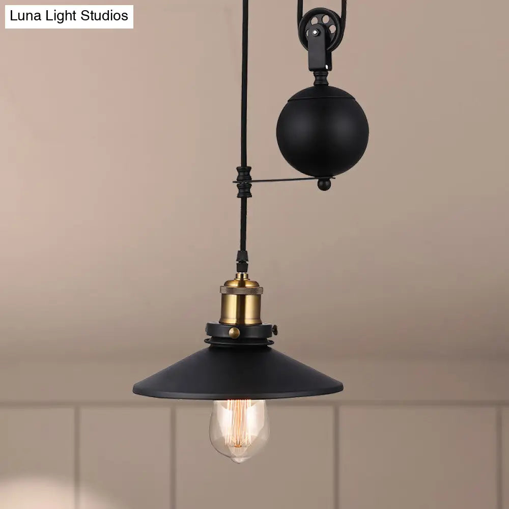 Vintage Style Black Conic Ceiling Light Fixture with Metallic Finish - 1 Bulb Living Room Pendant Light with Pulley