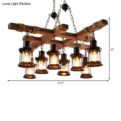 Vintage Style Black Lantern Chandelier with Clear Glass and Wood Frame - Ideal for Coffee Shops