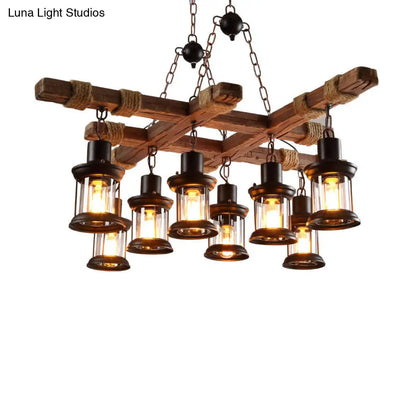 Vintage Style Black Lantern Chandelier with Clear Glass and Wood Frame - Ideal for Coffee Shops