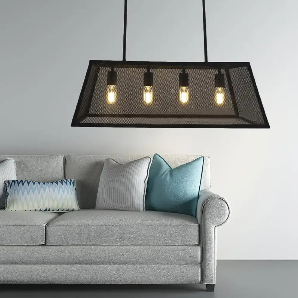Decorbites vintage style black mesh ceiling light with four exposed filament bulbs for dining room use