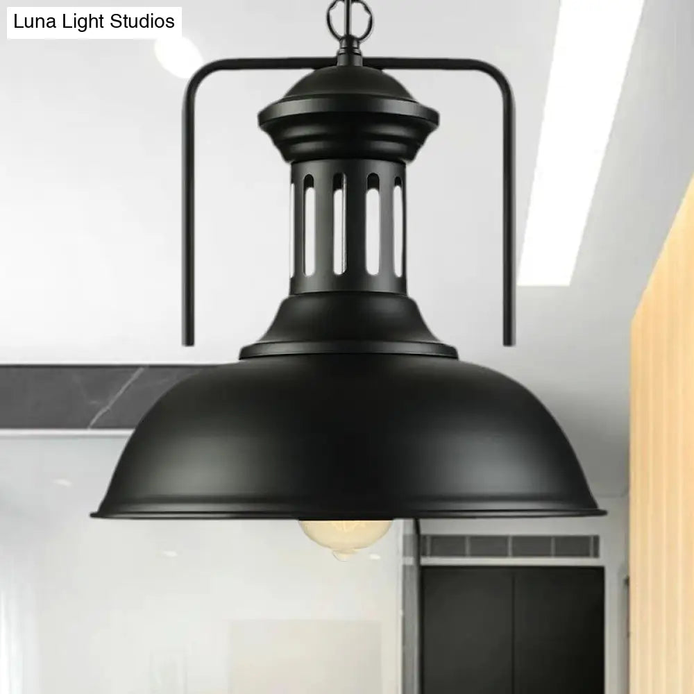 Vintage Style Black Metal Bowl Shade Pendant Light with Vented Socket - 1 Light Ceiling Fixture